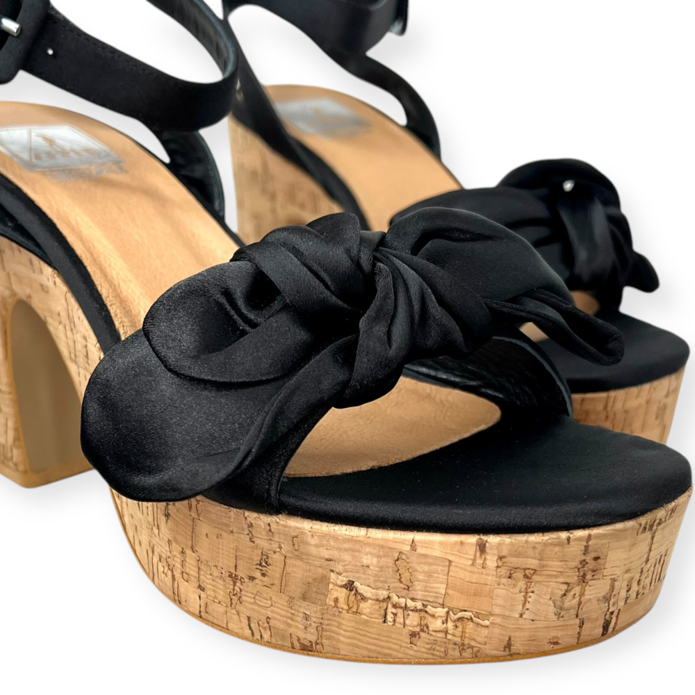 NWT Crosswalk Fauver Cork Wedge Heels Black Satin Bow Block Sandals Size 39 8.5 - Picture 5 of 7